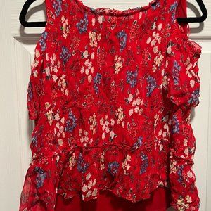 Zara Red Cold Shoulder Floral Top Sz Large